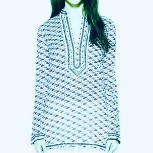 TORY BURCH Embroidered Trim Flamingo Print Tunic White / Green, Mandarin Collar